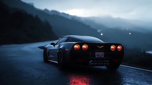 Sports coupe accelerates along wet mountain road at dusk