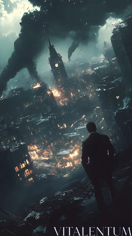 Digital painting of suited figure over burning dystopian cityscape.