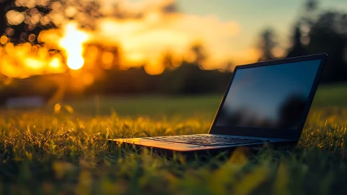 Slim laptop rests in glowing field at golden sunset