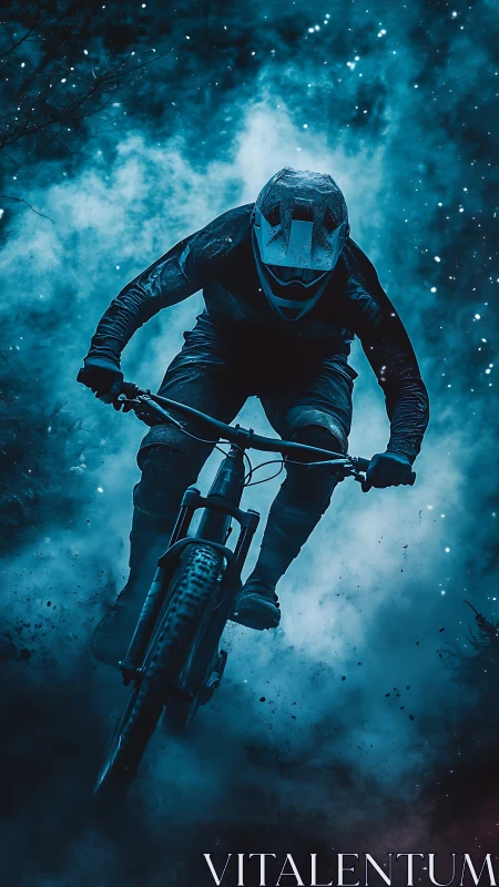 Downhill night rider emerging through neon blue mist.