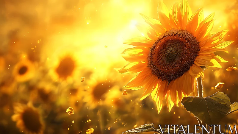 Radiant sunflower glows in golden sunset haze of summer
