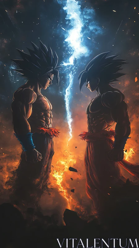 Two Saiyan warriors confront each other amid fiery energy storm