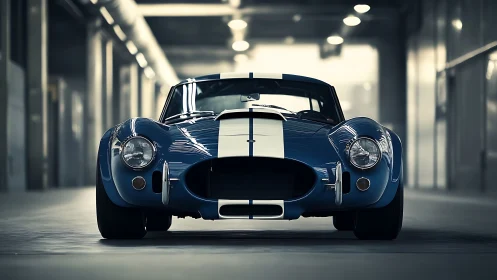 Photoreal front-view study of blue classic race car design.