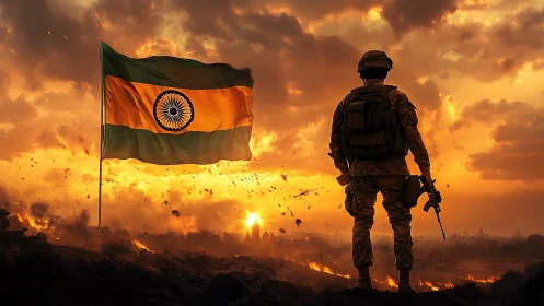 Combat silhouette against tricolor flag in incendiary dusk sky.