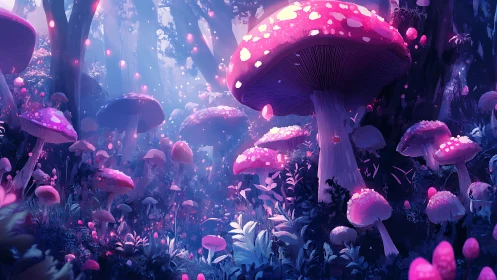 Bioluminescent mushrooms glow inside dense enchanted forest
