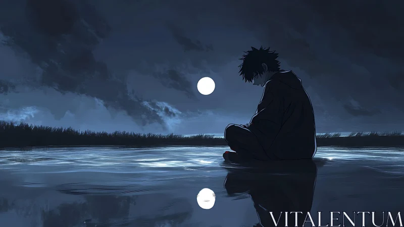 Solitary anime figure reflects under moonlit waterscape
