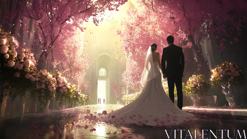 Newlyweds walk into a glowing aisle of soft pink blossoms