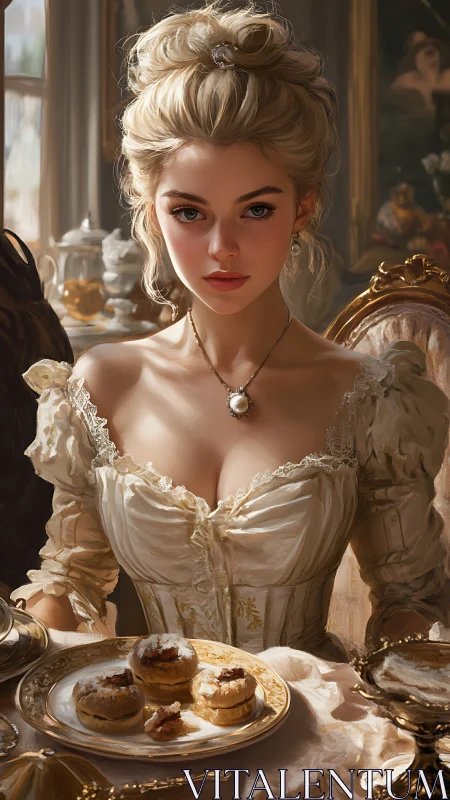 Victorian styled woman seated at ornate tea table.