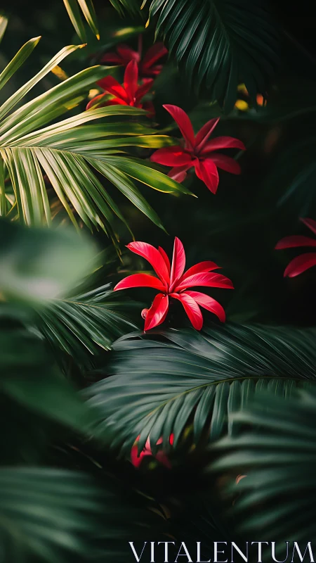 Scarlet Blooms Nestled Among Verdant Fronds. Dynamic Natural Photography.