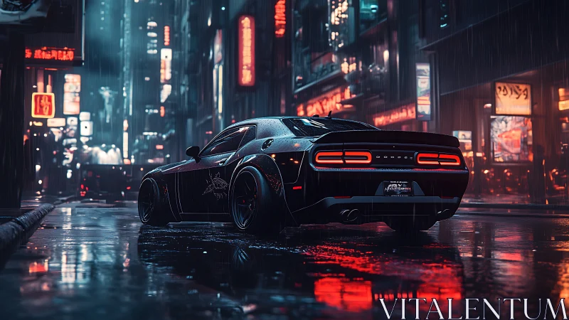 Midnight muscle car prowls neon soaked cyberpunk alleyways.