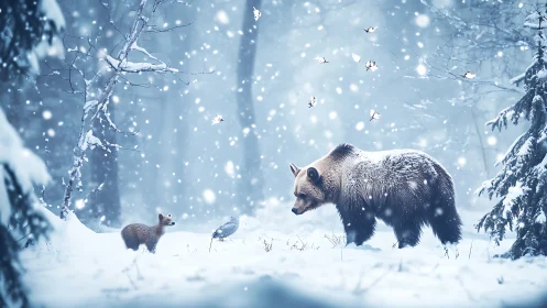 Snow-kissed bear and fox pause under floating winter sparks.