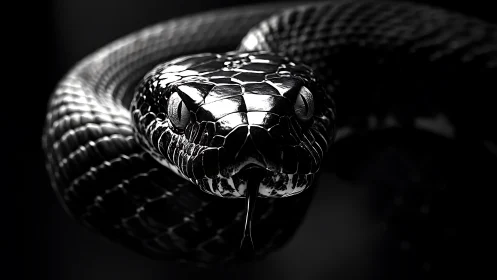High-contrast macro study of coiled black serpent morphology.