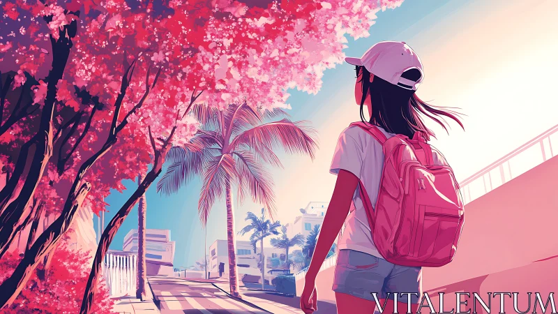 Girl with backpack walks under pink trees in sunny city