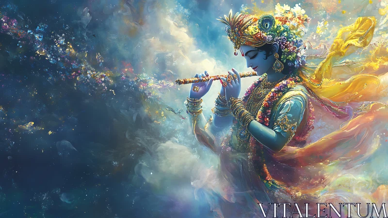 Divine blue musician shapes cosmos with luminous flute song.