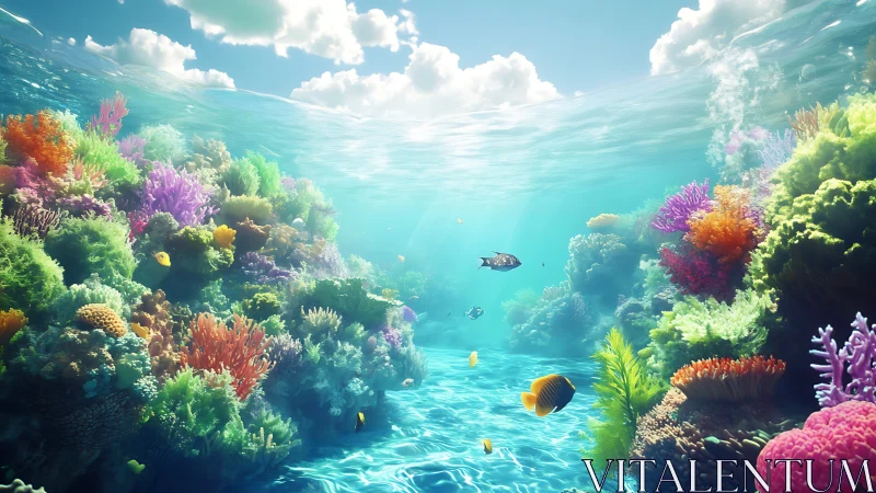 Sunlit tropical coral reef glows beneath clear ocean surface