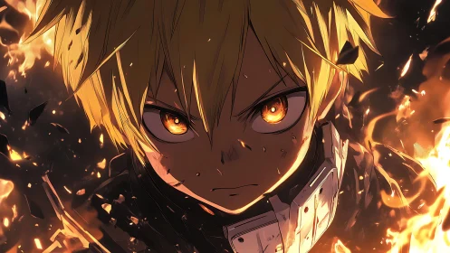 Intense anime combat portrait with dynamic fire particle effects