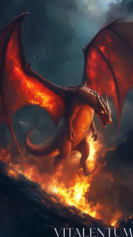 Fire dragon over volcanic chasm in stormlit night sky.