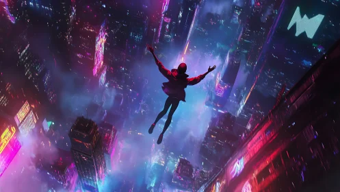 Solitary figure dives through neon cyberpunk cityscape.