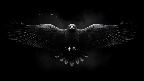 High-contrast black eagle in frontal wingspan against void