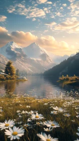 Snowy mountain lake with daisies in warm evening light.