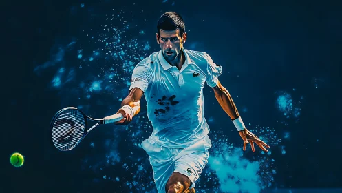 Mid-sprint forehand explodes through electric midnight court