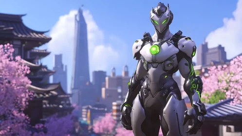 Cyborg combat exosuit stands in cherry-blossom cityscape with HDR lighting