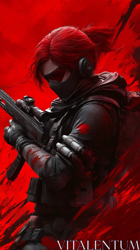 Tactical marksman in crimson turbulence, high-detail render.