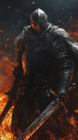 Armored knight stands amid rising flames holding two swords
