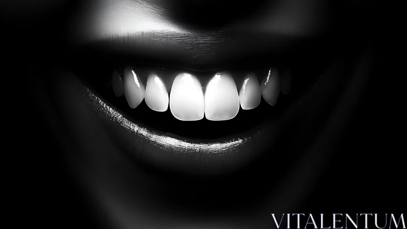 Luminous smile emerges from darkness in stark contrast.