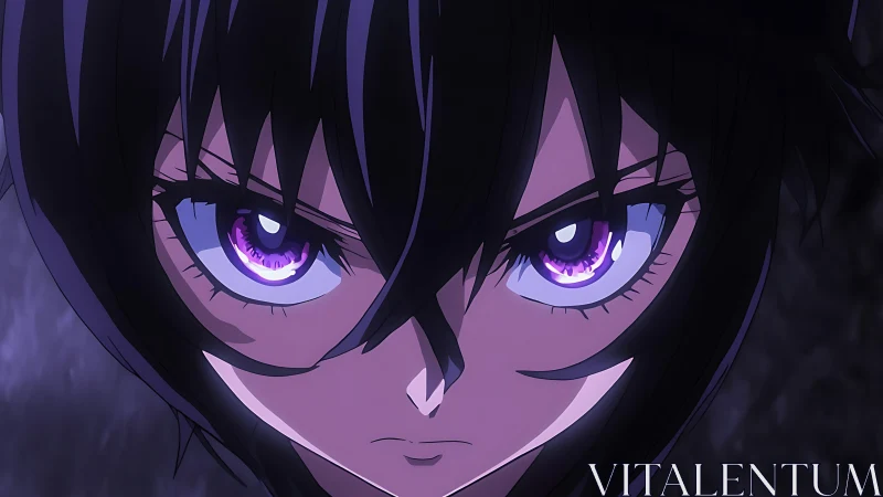 Intense close up of anime character with glowing eyes.