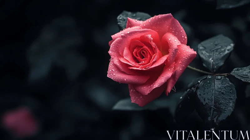 Red Rose with Water Droplets Against Dark Background.