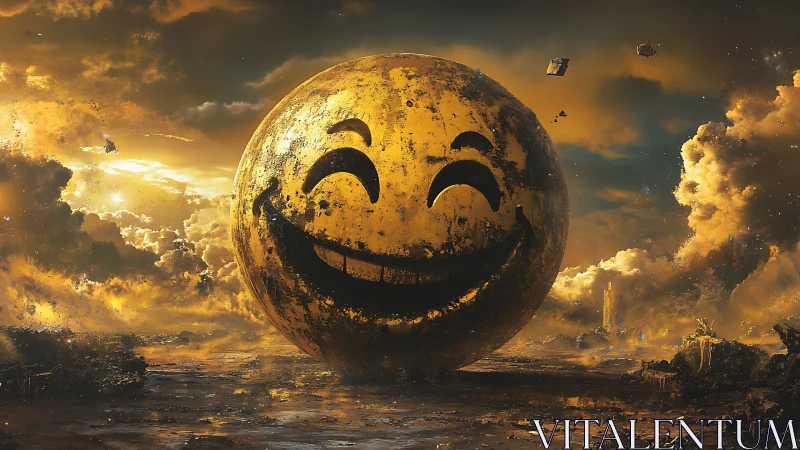 Colossal cracked smiley orb grins over a molten twilight wasteland
