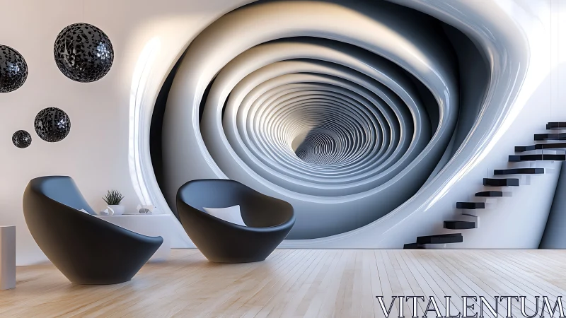 Futuristic lounge opens into hypnotic tunnel-like wall portal