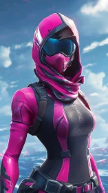 Neon rogue ranger in hot pink tactical sci-fi armor stance.