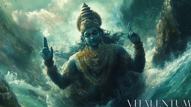Divine ocean deity rises amid stormlit emerald waves.
