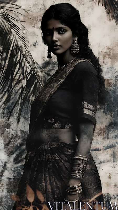 Photorealistic portrait of woman in traditional sari, muted palette.