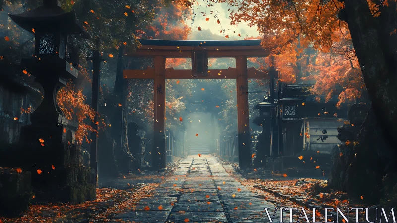 Autumn shrine pathway under torii gate with volumetric fog lighting