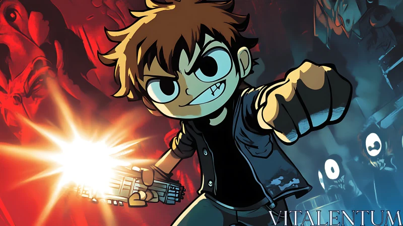 Dynamic comic hero with energy weapon in split-color arena.