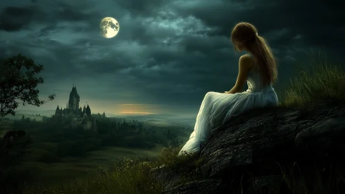 Moonlit dreamer watches a distant castle cradle the valley