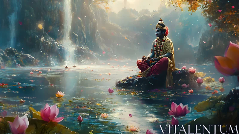 Serene robed figure meditating on lotus lake with waterfalls.
