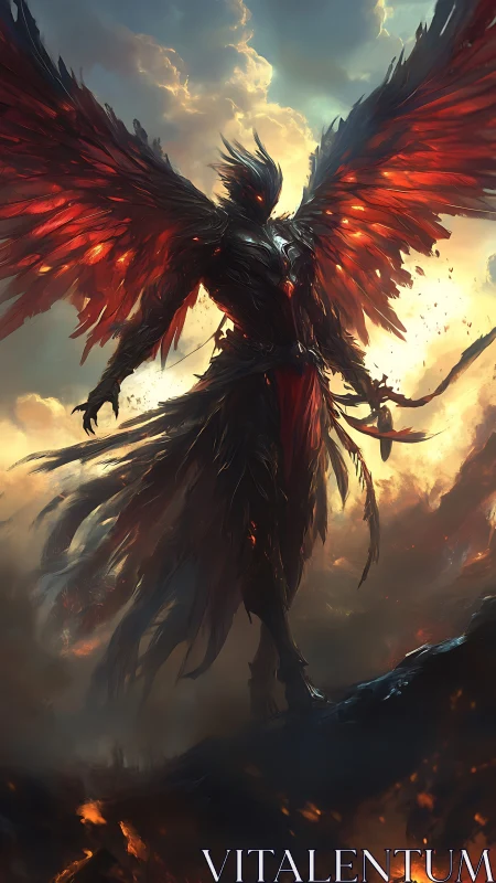 Armored fallen angel dominates infernal sky with burning wings
