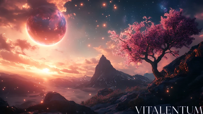 Dreamy pink blossom tree under a glowing otherworldly sky.