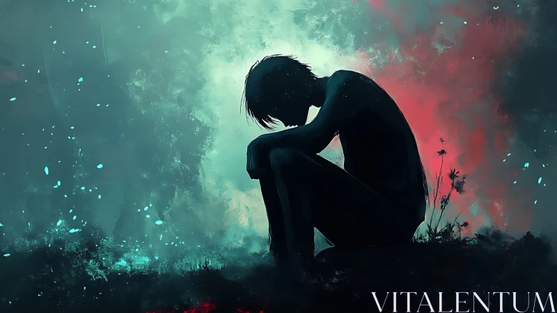 Silhouetted figure in melancholic digital painting composition.