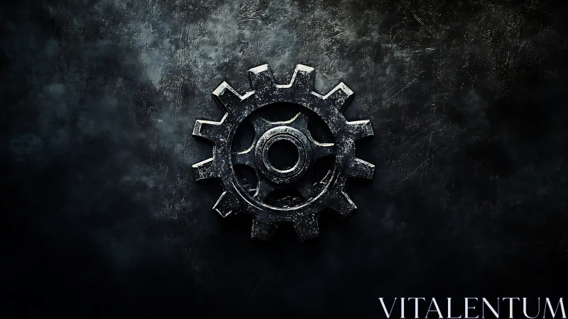 Metal gear wheel rests centered on dark textured surface