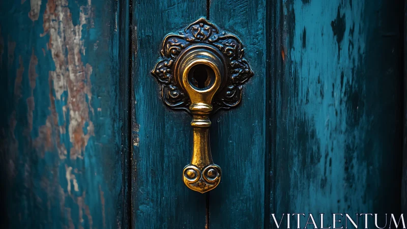Ornate golden keyhole gleams on weathered teal door surface.