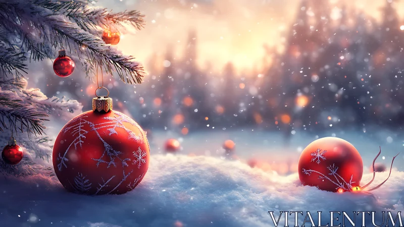 Frosted red baubles rest in snow under glowing winter sunset