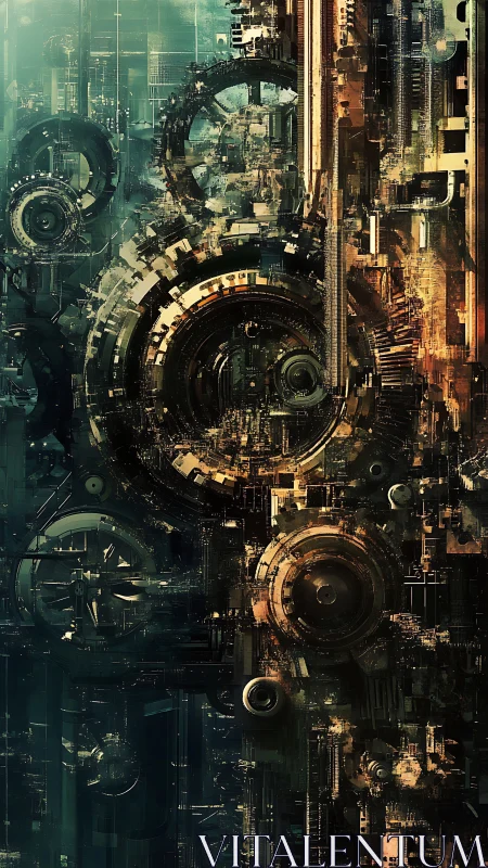 Dense mechanical cityscape of interlocking circular engines.