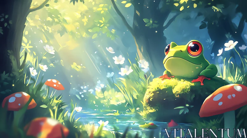 Bright eyed frog watches sunlit forest stream calmly