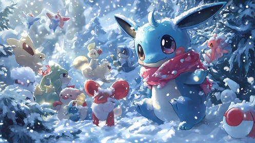 Winter forest gathering of stylized creatures in snowfall.