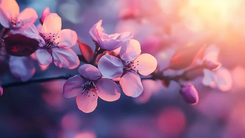 Cherry Blossom Branch with Delicate Pink Petals and Soft Focus